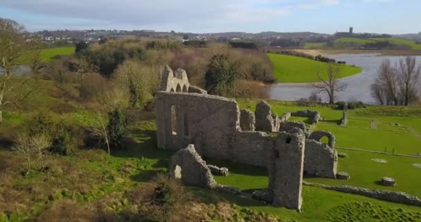 Inch Abbey Drone Aerial Shot Northern Ireland Downpatrick March 2022 — Stockvideo