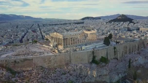 Parthenon Tempel Akropolis Hill Stigande Flygbilder Aten Grekland — Stockvideo