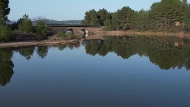 Vue Aérienne Drone Survolant Réservoir Pont Ferroviaire Avec Eau Calme — Video