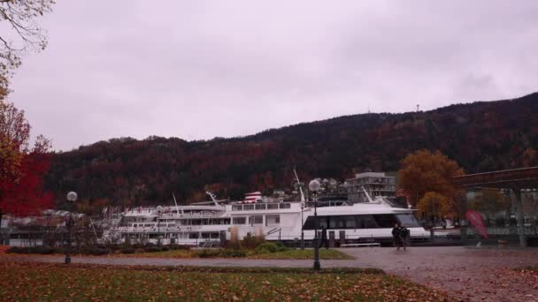 Bregenz Lake Promenade Autumn Lake Constance Boat Rainy Day — Stockvideo