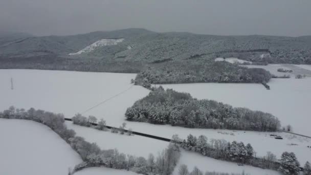 Drone Vola Alto Sopra Paesaggio Invernale Con Montagne Con Neve — Video Stock