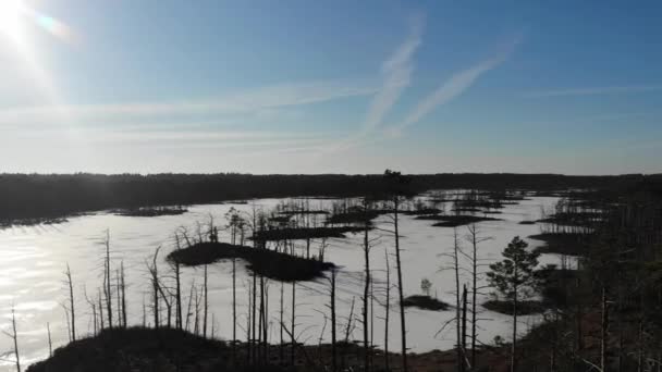 Sideways Aerial Drone View Many Small Islands Frozen Swamp Lake — Vídeo de Stock