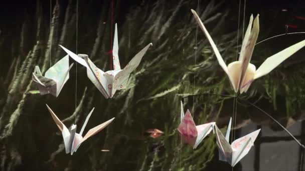 Шість Орідзурів Паперові Птахи Літають Над Водою Лаке Orizuru Назва — стокове відео