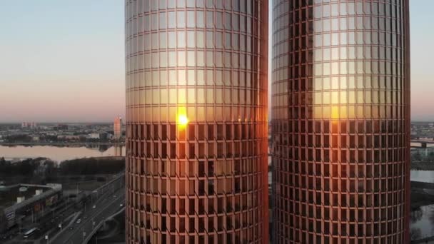 Sliding Aerial Drone View Sunset Reflecting Glass Windows Twin Skyscraper — Stock Video