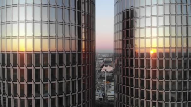 Rising Aerial Close Glass Skyscrapers Sunset Riga Latvia — Video Stock