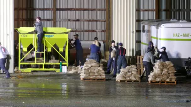 Trabalhadores Cidade Produzindo Sandbag Para Combater Inundações Abbotsford Colúmbia Britânica — Vídeo de Stock