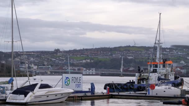 Derry Londonderry City Northern Ireland Foyle Port Signage Fishing Boat — Stock Video