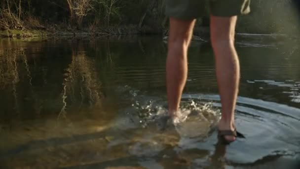 Male Fly Fisherman Steps Sun Soaked Lake Water Sandals Close — Video Stock