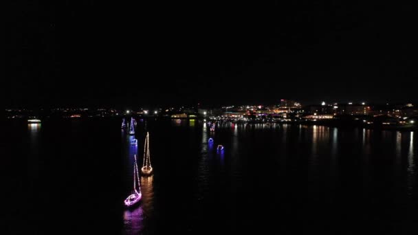 Boat Parade Nighttime Christmas Decorated Lights Rockwall Harbor — Stock Video