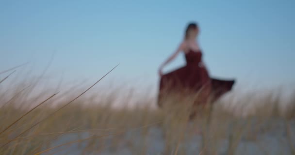 Blurred Slim Woman Red Dress Spinning Sandy Coastline Static View — Wideo stockowe