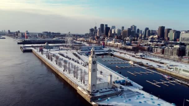 Drone Shot Clock Tower Old Port Montreal Winter — Stockvideo