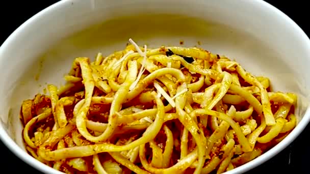 Bolognese Pasta White Bowl Spinning Parmesan Cheese Falling Slow Motion — Stockvideo