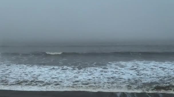 Cielo Grigio Nebbioso Sopra Onde Cupe Dell Oceano Sulla Spiaggia — Video Stock