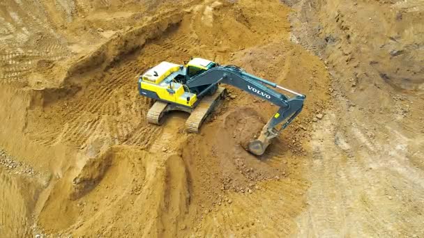 Aerial View Work Trucks Excavator Open Pit Gold Mining Central — Video