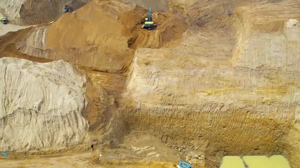 Aerial View Work Trucks Excavator Open Pit Gold Mining Central — Stock Video