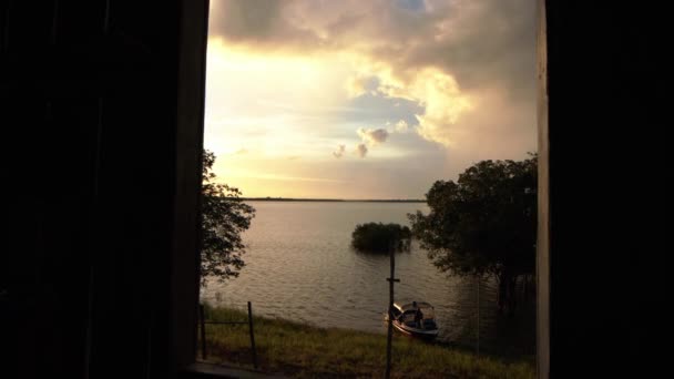 Push Forward Window Hut Overlooking Amazon River Golden Sunset — ストック動画