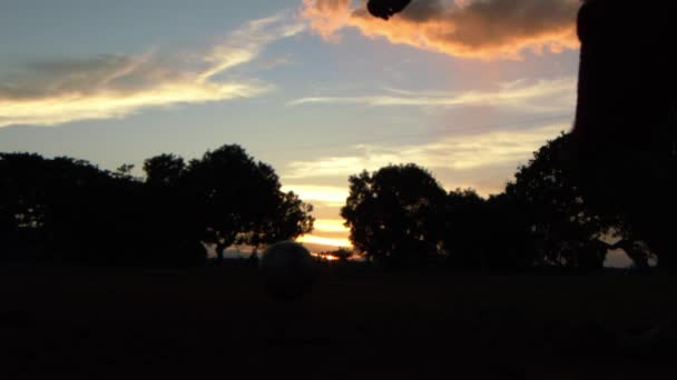 Silhouet Van Kinderen Die Voetballen Tijdens Een Gouden Zonsondergang Jagen — Stockvideo