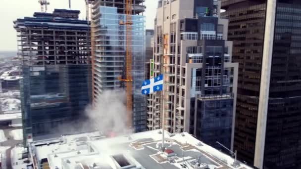 Roll Drone Shot Quebec Flag Downtown Montreal Winter — Vídeos de Stock