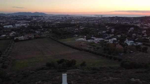 Drone Shot Moving Backwards Revealing Big Cross Front Sunset Sky — Video