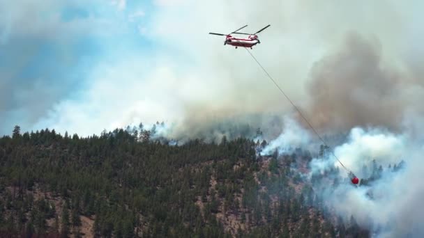 Helicopter Carrying Water Smoking Forest Highlands West Usa Pan View — Stockvideo