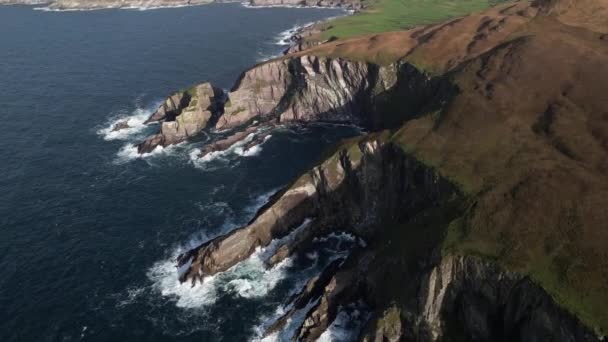 在阳光明媚的日子里 从空中俯瞰爱尔兰南部美丽的海岸 悬崖和海浪 无人驾驶飞机在空中盘旋 — 图库视频影像