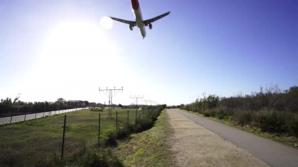 Boeing Repülőgép Felszállás Közben Séta Szűk Road Útvonal Zöld Táj — Stock videók