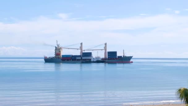 Fully Loaded Shipping Container Cargo Ship Being Guided Tug Boat — Video