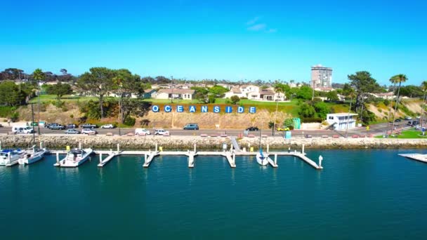 Oceanside Sign Harbor Drone — стоковое видео