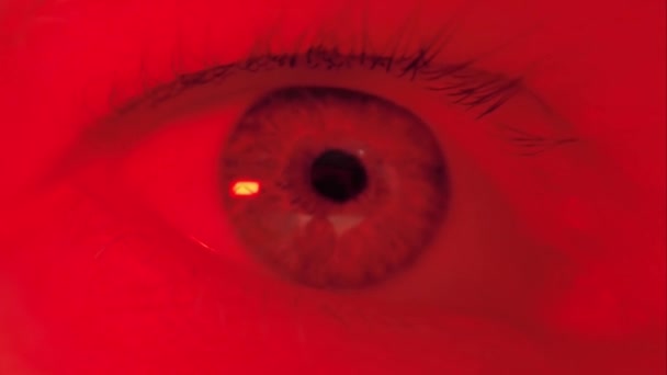 Human Eye Closeup Depression Insomnia Concept Flashing Red Lights — Video Stock