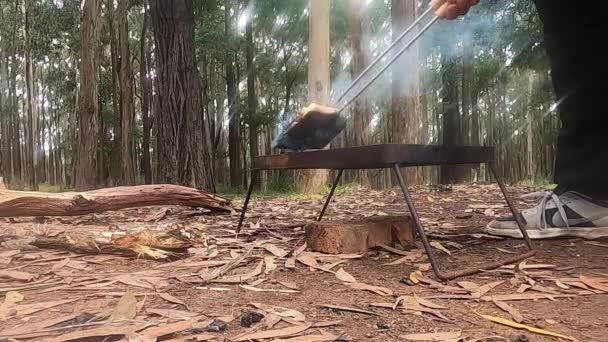 Removing Smoking Hot Toasting Iron Fire Bush Making Toasted Cheese — Video Stock