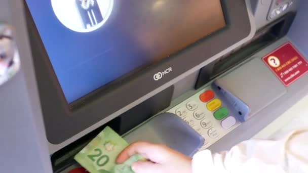 Motion Woman Depositing Money Atm Machine Resolution — стоковое видео