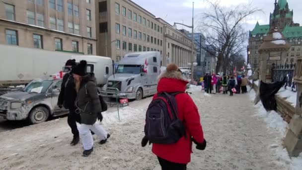 Freedom Convoy Supporters Flags Walking Snowy Sidewalk Parked Trucks Street — Stock Video