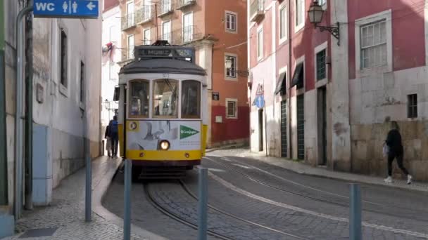 Trams Traveling Streets Lisbon Portugal Daytime Static — Stock videók