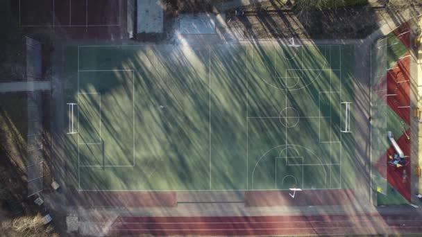 サンシャインアフタヌーン中のサッカー草ピッチ 木々や家に囲まれた空中ドローンビュー — ストック動画