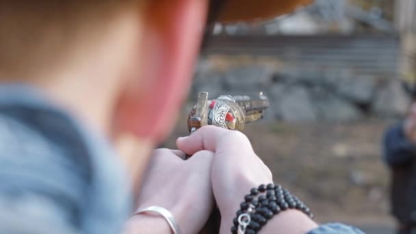 Shoulder Shot Cowboy Pointing Gun Cowgirl — Stockvideo