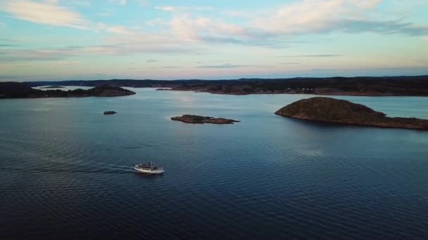 Drone Tracking Small Ferry Sunset — Stockvideo