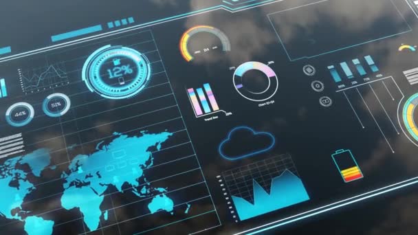 Data Chart Technology Screen Different Charts Infographics Reflection Sky Clouds — Stockvideo