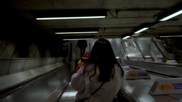 Pov Standing Female Commuter Going Escalator Westminster Station — Stock Video