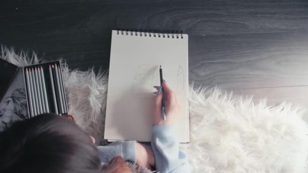 Sketching Paper Notebook Charcoal Pencil Top Young Artist Student Sitting — Vídeos de Stock