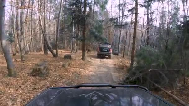 4X4 Road Vehicles Driving Downhill Muddy Forest Gopro View — Video