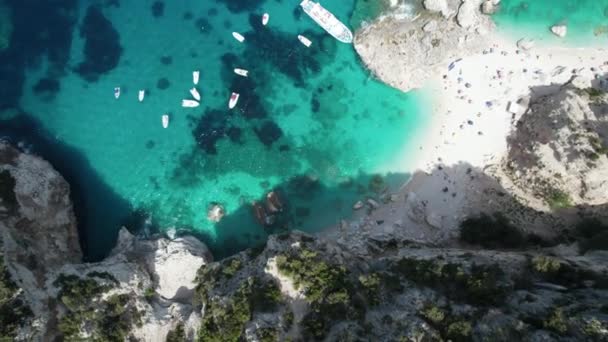 Aerial Top Drone Video Tropical Paradise Turquoise Beach Mediterranean Sardinia — Vídeos de Stock