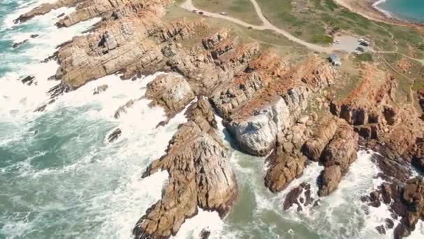 Rough Waves Jagged Rocky Coastline Aerial Drone View — Stockvideo