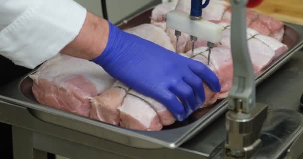 Video Seasoning Raw Pork Meat Loin Chef Wearing Blue Gloves — Vídeo de stock