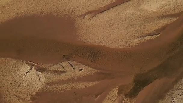 Unrecognizable Kids Running Banks Dry River Cordoba Argentina Aerial Top — Stockvideo