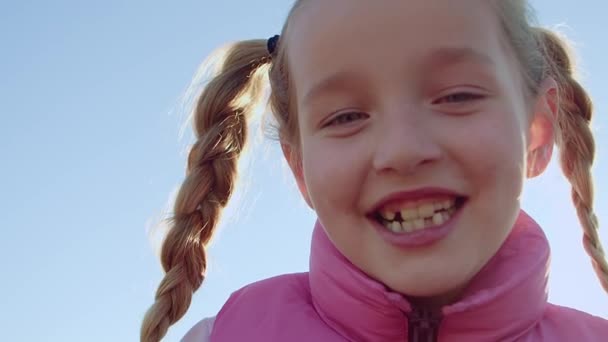 Small Braided Blonde Smiles Camera Reveals Gaps Her Teeth — Vídeo de Stock