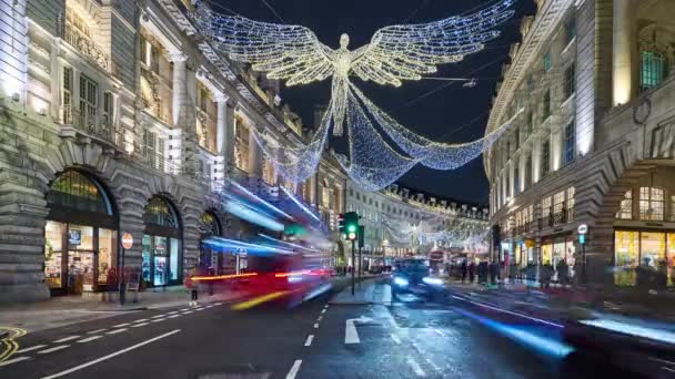 London City Night Timelapse Xmas Lights Decorations Regent Street England — Stock Video