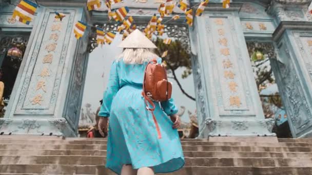 Girl Walks Vietnamese Hat Hills Vietnama Girl Walks Vietnamese Hat — Stockvideo