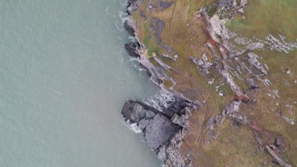 Aerial Top Fly Grass Covered Coastal Cliffs Rhossili Gower Drone — Stock Video