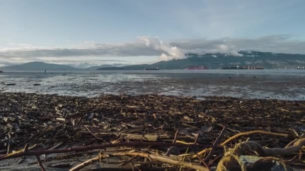 Panoramic Time Lapse Spanish Banks Beach Vancouver Ice Frozen Ocean — стоковое видео