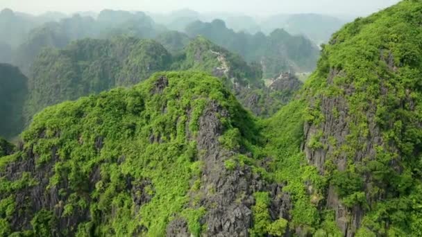 无人机飞向亚洲山顶上的纪念碑 周围环绕着稻田 深山和一条小河 — 图库视频影像